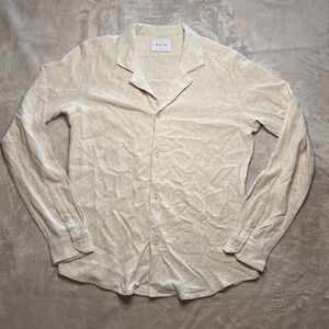 Raith‎ Shirt Mens M Beige Long Sleeve Flax Blend Cuban Collar Quiet Luxury Beach